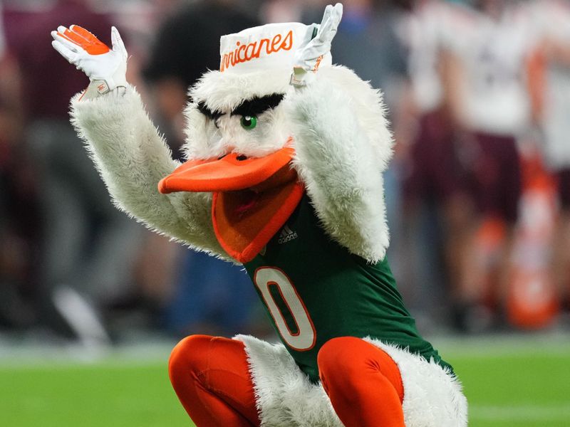 Nov 20, 2021; Miami Gardens, Florida, USA; Miami Hurricanes mascot Sebastian the Ibis performs on the field between plays in the first half between the Miami Hurricanes and the Virginia Tech Hokies at Hard Rock Stadium. Mandatory Credit: Jasen Vinlove-USA TODAY Sports