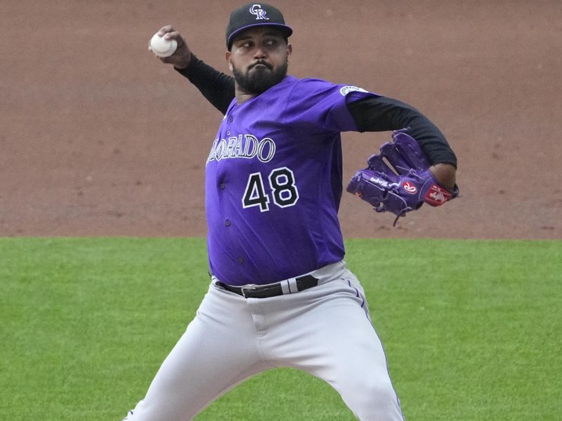 Jun 29, 2025; Milwaukee, Wisconsin, USA; Colorado Rockies pitcher Germán Márquez (48) delivers a pitch against the Milwaukee Brewers in the second inning at American Family Field. Mandatory Credit: Michael McLoone-Imagn Images