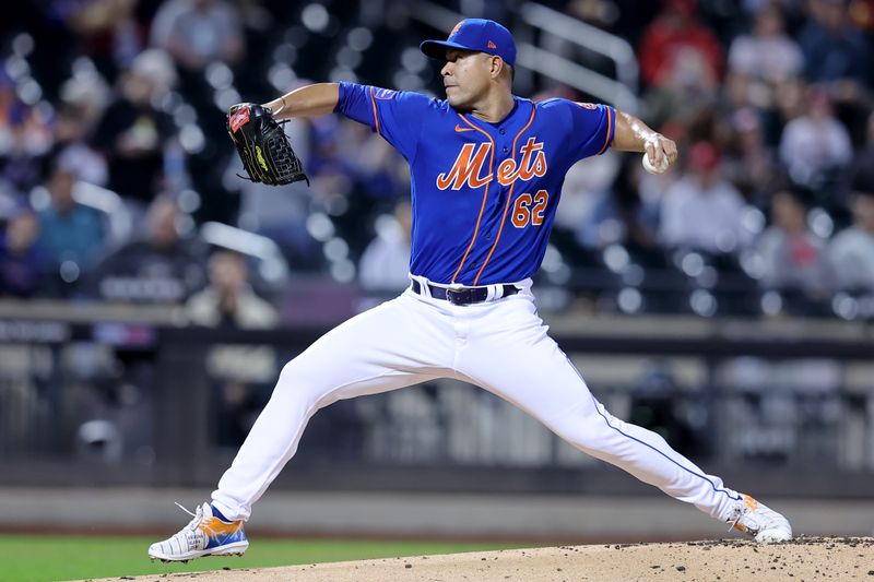 Sep 30, 2023; New York City, New York, USA; New York Mets starting pitcher Jose Quintana (62) pitches against the Philadelphia Phillies during the first inning at Citi Field. Mandatory Credit: Brad Penner-USA TODAY Sports