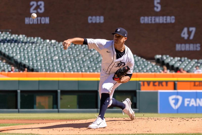 Apr 30, 2024; Detroit, Michigan, USA; Detroit Tigers starting pitcher Jack Flaherty (9) delivers against the St. Louis Cardinals in the first inning at Comerica Park. Mandatory Credit: David Reginek-USA TODAY Sports