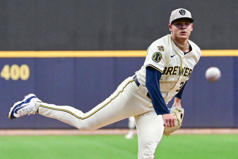 May 17, 2025; Milwaukee, Wisconsin, USA;  Milwaukee Brewers starting pitcher Tobias Myers (36) throws a pitch in the first inning against the Minnesota Twins at American Family Field. Mandatory Credit: Benny Sieu-Imagn Images
