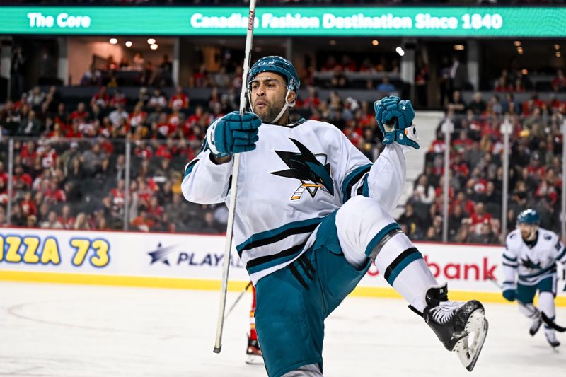 Feb 15, 2024; Calgary, Alberta, CAN; San Jose Sharks right wing Justin Bailey (90) celebrates after scoring a goal against the Calgary Flames during the second period at Scotiabank Saddledome. Mandatory Credit: Brett Holmes-USA TODAY Sports