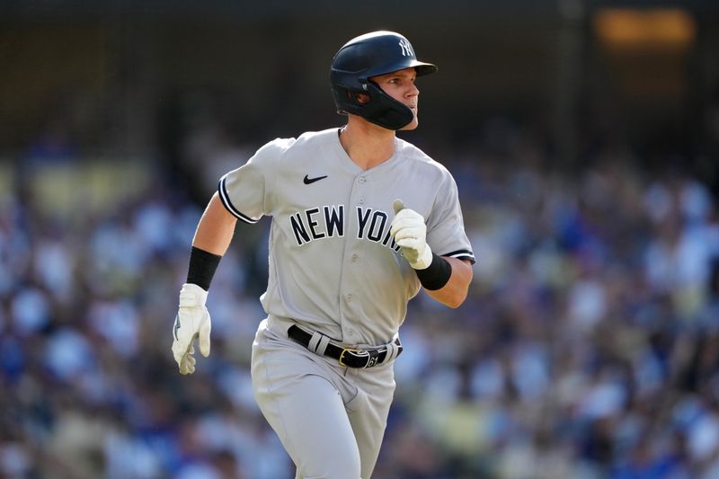 Jun 3, 2023; Los Angeles, California, USA; New York Yankees left fielder Jake Bauers (61) rounds the bases on a home run in the fourth inning against the Los Angeles Dodgers at Dodger Stadium. Mandatory Credit: Kirby Lee-USA TODAY Sports