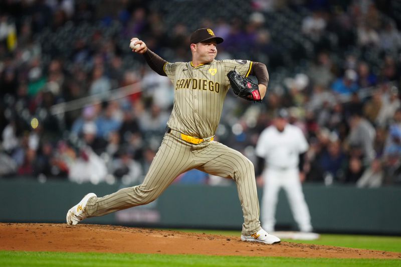 Apr 23, 2024; Denver, Colorado, USA; San Diego Padres starting pitcher Michael King (34) delivers a pitch in the fourth inning against the Colorado Rockies at Coors Field. Mandatory Credit: Ron Chenoy-USA TODAY Sports