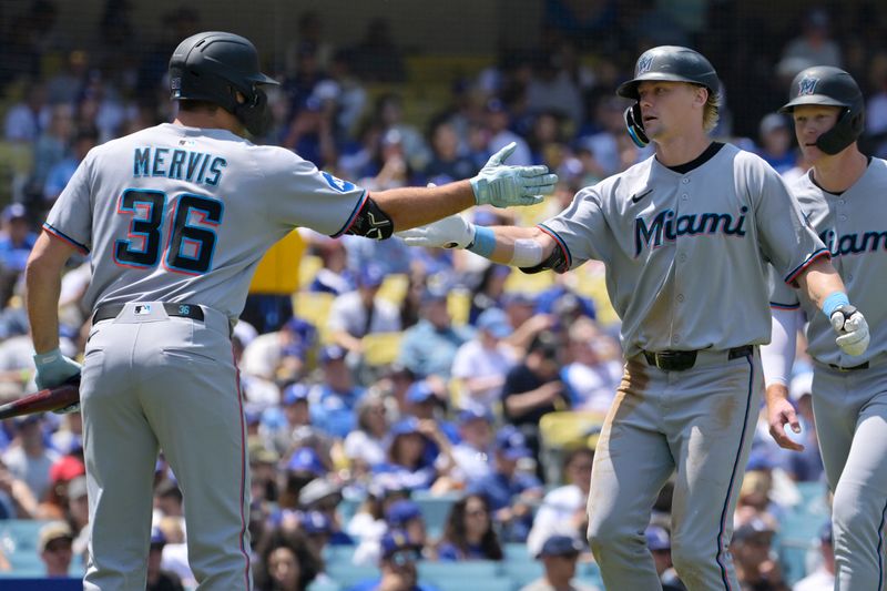 Apr 30, 2025; Los Angeles, California, USA; Miami Marlins right fielder Kyle Stowers (28) is congratulated by first base Matt Mervis (36) after he hit a home run against the Miami Marlins during the fourth inning at Dodger Stadium. Mandatory Credit: Jayne Kamin-Oncea-Imagn Images