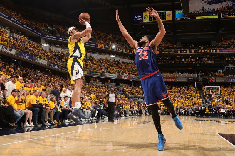 INDIANAPOLIS, IN - MAY 27:  Andrew Nembhard #2 of the Indiana Pacers shoots the ball during the game against the New York Knicks  during Game 4 of the 2025 Eastern Conference Finals on May 27, 2025 at Gainbridge Fieldhouse in Indianapolis, Indiana. NOTE TO USER: User expressly acknowledges and agrees that, by downloading and or using this Photograph, user is consenting to the terms and conditions of the Getty Images License Agreement. Mandatory Copyright Notice: Copyright 2025 NBAE (Photo by Nathaniel S. Butler/NBAE via Getty Images)