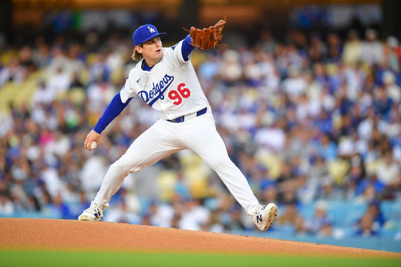 May 13, 2025; Los Angeles, California, USA; Los Angeles Dodgers starting pitcher Landon Knack (96) throws a pitch in the first inning against the Oakland Athletics at Dodger Stadium. Mandatory Credit: Gary A. Vasquez-Imagn Images