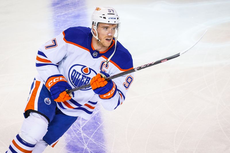 Oct 29, 2022; Calgary, Alberta, CAN; Edmonton Oilers center Connor McDavid (97) skates during the warmup period against the Calgary Flames at Scotiabank Saddledome. Mandatory Credit: Sergei Belski-USA TODAY Sports