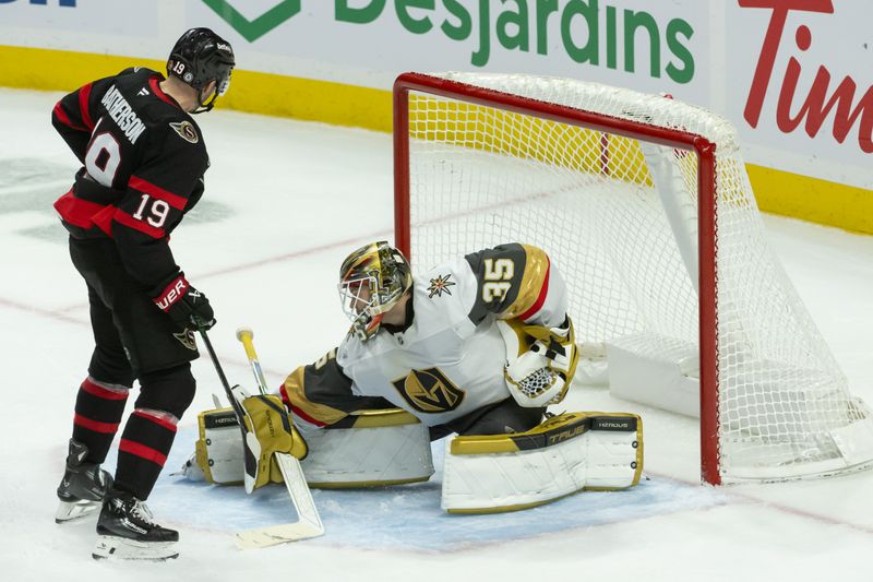 Nov 21, 2024; Ottawa, Ontario, CAN; Vegas Golden Knights goalie Ilya Samsonov (35) makes a save in font of  Ottawa Senators right wing Drake Batherson (19) in the third period at the Canadian Tire Centre. Mandatory Credit: Marc DesRosiers-Imagn Images