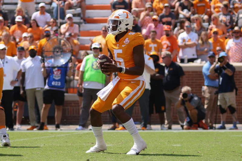 Sep 11, 2021; Knoxville, Tennessee, USA; Tennessee Volunteers quarterback Hendon Hooker (5) looks to pass the ball against the Pittsburgh Panthers during the second quarter at Neyland Stadium. Mandatory Credit: Randy Sartin-USA TODAY Sports