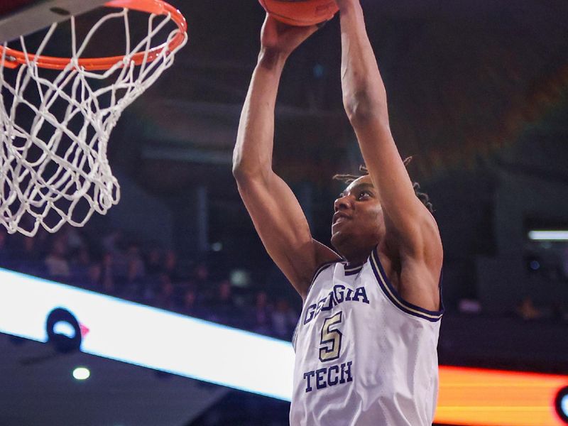 Mar 2, 2024; Atlanta, Georgia, USA; Georgia Tech Yellow Jackets forward Tafara Gapare (5) dunks against the Florida State Seminoles in the second half at McCamish Pavilion. Mandatory Credit: Brett Davis-USA TODAY Sports