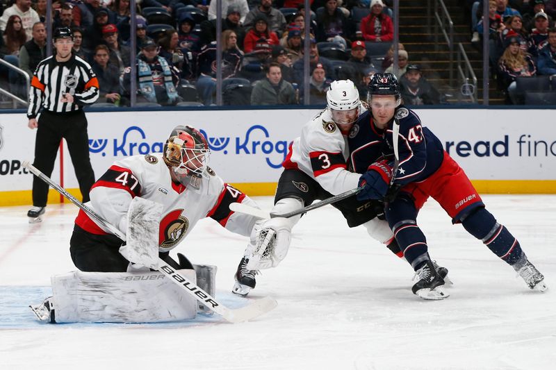 Jan 20, 2026; Columbus, Ohio, USA; Ottawa Senators goalie James Reimer (47) makes a glove save as Columbus Blue Jackets center Zach Aston-Reese (27) looks for a rebound during the second period at Nationwide Arena. Mandatory Credit: Russell LaBounty-Imagn Images