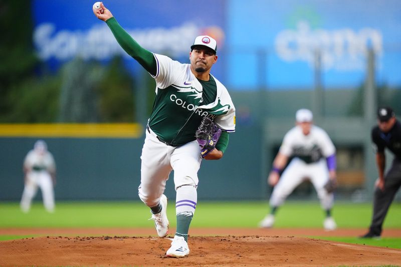 Sep 28, 2024; Denver, Colorado, USA; Colorado Rockies starting pitcher Antonio Senzatela (49) delivers a pitch in the first inning against the Los Angeles Dodgers at Coors Field. Mandatory Credit: Ron Chenoy-Imagn Images