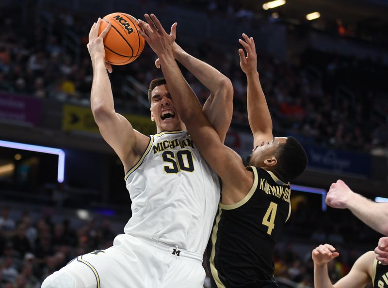 Mar 14, 2025; Indianapolis, IN, USA; Michigan Wolverines center Vladislav Goldin (50) rebounds the ball against Purdue Boilermakers forward Trey Kaufman-Renn (4) during the first half at Gainbridge Fieldhouse. Mandatory Credit: Robert Goddin-Imagn Images