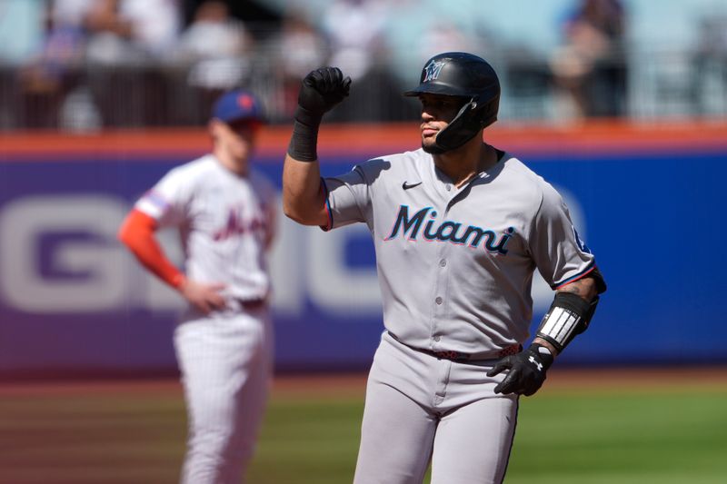 Aug 31, 2025; New York City, New York, USA; Miami Marlins catcher Agustin Ramirez (50) reacts to hitting a two run home run as he rounds the bases against the New York Mets during the third inning at Citi Field. Mandatory Credit: Gregory Fisher-Imagn Images