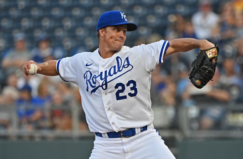 Aug 28, 2023; Kansas City, Missouri, USA;  Kansas City Royals starting pitcher Zack Greinke (23) delivers a pitch in the first inning against the Pittsburgh Pirates at Kauffman Stadium. Mandatory Credit: Peter Aiken-USA TODAY Sports