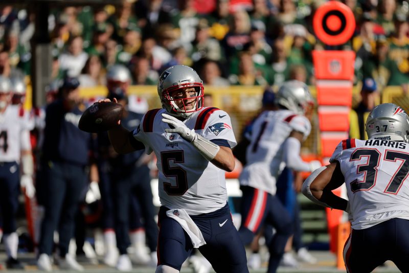 New England Patriots quarterback Brian Hoyer during an NFL football game Sunday, Oct. 2, 2022, in Green Bay, Wis. (AP Photo/Mike Roemer)