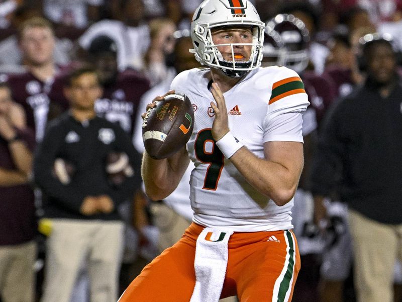 Sep 17, 2022; College Station, Texas, USA; Miami Hurricanes quarterback Tyler Van Dyke (9) drops back to pass against the Texas A&M Aggies during the first quarter at Kyle Field. Mandatory Credit: Jerome Miron-USA TODAY Sports