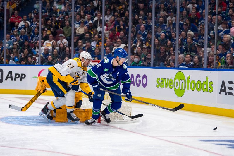 Apr 21, 2024; Vancouver, British Columbia, CAN; = and Vancouver Canucks forward Elias Pettersson (40) skates aftre the loose puck in the third period in game one of the first round of the 2024 Stanley Cup Playoffs at Rogers Arena. Mandatory Credit: Bob Frid-USA TODAY Sports