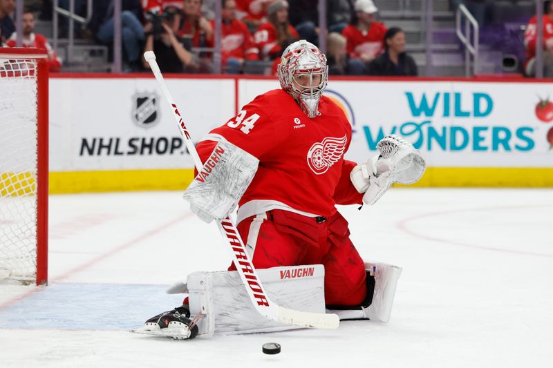 Mar 2, 2024; Detroit, Michigan, USA; Detroit Red Wings goaltender Alex Lyon (34) makes a save in the third period against the Florida Panthers at Little Caesars Arena. Mandatory Credit: Rick Osentoski-USA TODAY Sports