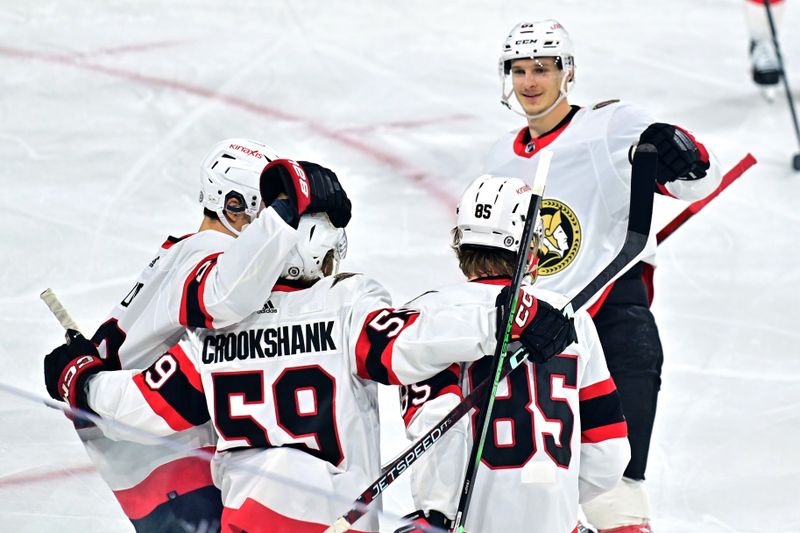 Dec 19, 2023; Tempe, Arizona, USA; Ottawa Senators left wing Angus Crookshank (59) celebrates with defenseman Jake Sanderson (85), defenseman Artem Zub (2) and left wing Dominik Kubalik (81) after scoring a goal in the first period against the Arizona Coyotes at Mullett Arena. Mandatory Credit: Matt Kartozian-USA TODAY Sports