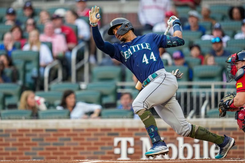 May 19, 2023; Cumberland, Georgia, USA; Seattle Mariners center fielder Julio Rodriguez (44) strikes out against the Atlanta Braves during the first inning at Truist Park. Mandatory Credit: Dale Zanine-USA TODAY Sports