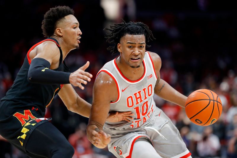 Mar 1, 2023; Columbus, Ohio, USA;  Ohio State Buckeyes forward Brice Sensabaugh (10) dribbles past Maryland Terrapins guard Jahmir Young (1) during the second half at Value City Arena. Mandatory Credit: Joseph Maiorana-USA TODAY Sports