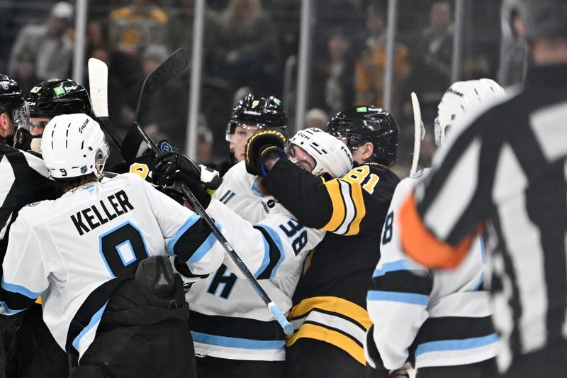 Dec 16, 2025; Boston, Massachusetts, USA; Boston Bruins center Michael Eyssimont (81) grabs Utah Mammoth center Liam O'Brien (38) from behind during the third period at TD Garden. Mandatory Credit: Eric Canha-Imagn Images
