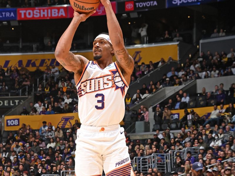 LOS ANGELES, CA - JANUARY 11: Bradley Beal #3 of the Phoenix Suns shoots the ball during the game against the Los Angeles Lakers on January 11, 2024 at Crypto.Com Arena in Los Angeles, California. NOTE TO USER: User expressly acknowledges and agrees that, by downloading and/or using this Photograph, user is consenting to the terms and conditions of the Getty Images License Agreement. Mandatory Copyright Notice: Copyright 2024 NBAE (Photo by Andrew D. Bernstein/NBAE via Getty Images)