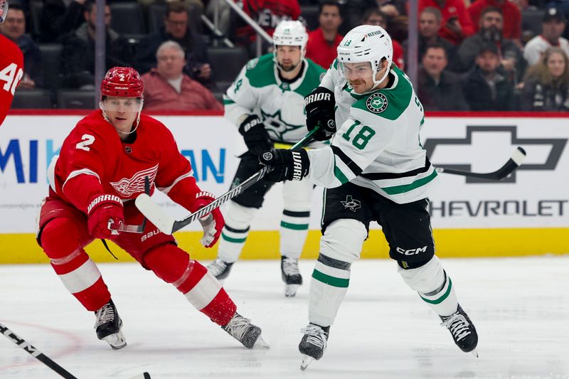 Jan 23, 2024; Detroit, Michigan, USA;  Dallas Stars center Sam Steel (18) takes a shot against the Detroit Red Wings at Little Caesars Arena. Mandatory Credit: Rick Osentoski-USA TODAY Sports