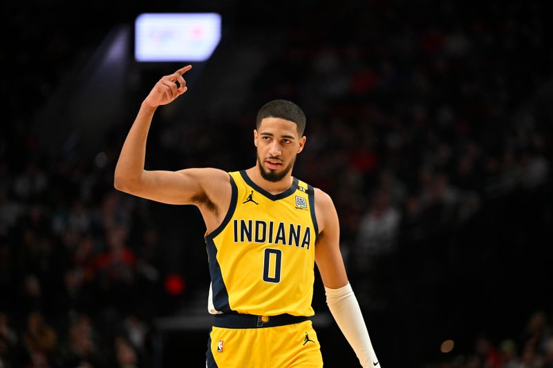 PORTLAND, OREGON - JANUARY 19: Tyrese Haliburton #0 of the Indiana Pacers gestures during the second quarter of the game against the Portland Trail Blazers at Moda Center on January 19, 2024 in Portland, Oregon. NOTE TO USER: User expressly acknowledges and agrees that, by downloading and or using this photograph, User is consenting to the terms and conditions of the Getty Images License Agreement. (Photo by Alika Jenner/Getty Images)