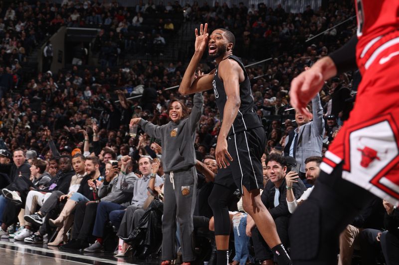 BROOKLYN, NY - MARCH 29: Mikal Bridges #1 of the Brooklyn Nets celebrates during the game against the Chicago Bulls on March 29, 2024 at Barclays Center in Brooklyn, New York. NOTE TO USER: User expressly acknowledges and agrees that, by downloading and or using this Photograph, user is consenting to the terms and conditions of the Getty Images License Agreement. Mandatory Copyright Notice: Copyright 2024 NBAE (Photo by Nathaniel S. Butler/NBAE via Getty Images)