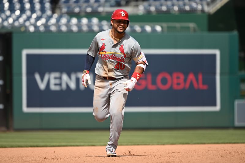 Jul 7, 2024; Washington, District of Columbia, USA; St. Louis Cardinals catcher Willson Contreras (40) smiles while rounding the basses after hitting a two run home run against the Washington Nationals during the seventh inning at Nationals Park. Mandatory Credit: Rafael Suanes-USA TODAY Sports