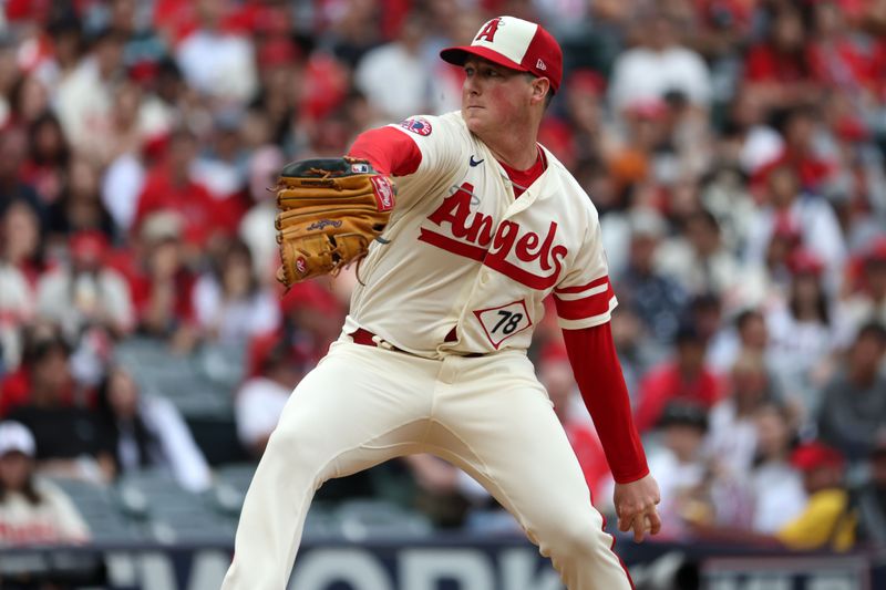 Sep 17, 2023; Anaheim, California, USA; Los Angeles Angels relief pitcher Kenny Rosenberg (78) pitches during the fifth inning against the Detroit Tigers at Angel Stadium. Mandatory Credit: Kiyoshi Mio-USA TODAY Sports