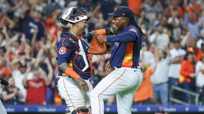 Aug 1, 2023; Houston, Texas, USA; Houston Astros starting pitcher Framber Valdez (59) celebrates with catcher Martin Maldonado (15) after completing a no-hitter against the Cleveland Guardians at Minute Maid Park. Mandatory Credit: Troy Taormina-USA TODAY Sports