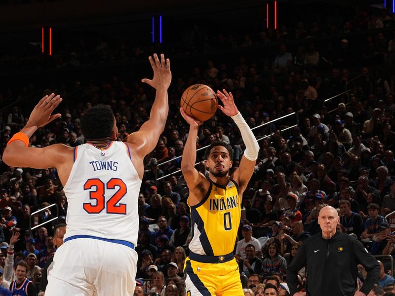 NEW YORK, NY - MAY 23: Tyrese Haliburton #0 of the Indiana Pacers shoots a three point basket during the game against the New York Knicks during Game 2 of the 2025 Eastern Conference Finals on May 23, 2025 at Madison Square Garden in New York City, New York.  NOTE TO USER: User expressly acknowledges and agrees that, by downloading and or using this photograph, User is consenting to the terms and conditions of the Getty Images License Agreement. Mandatory Copyright Notice: Copyright 2025 NBAE  (Photo by Jesse D. Garrabrant/NBAE via Getty Images)