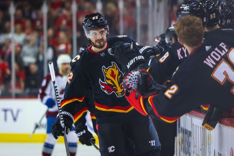 Mar 12, 2024; Calgary, Alberta, CAN; Calgary Flames defenseman Daniil Miromanov (62) celebrates his goal with teammates against the Colorado Avalanche during the first period at Scotiabank Saddledome. Mandatory Credit: Sergei Belski-USA TODAY Sports