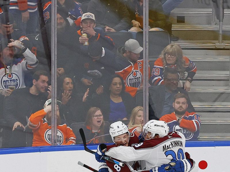 Mar 16, 2024; Edmonton, Alberta, CAN; The Colorado Avalanche celebrate a goal scored by forward Arthur Lehkonen (62) during overtime against the Edmonton Oilers at Rogers Place. Mandatory Credit: Perry Nelson-USA TODAY Sports