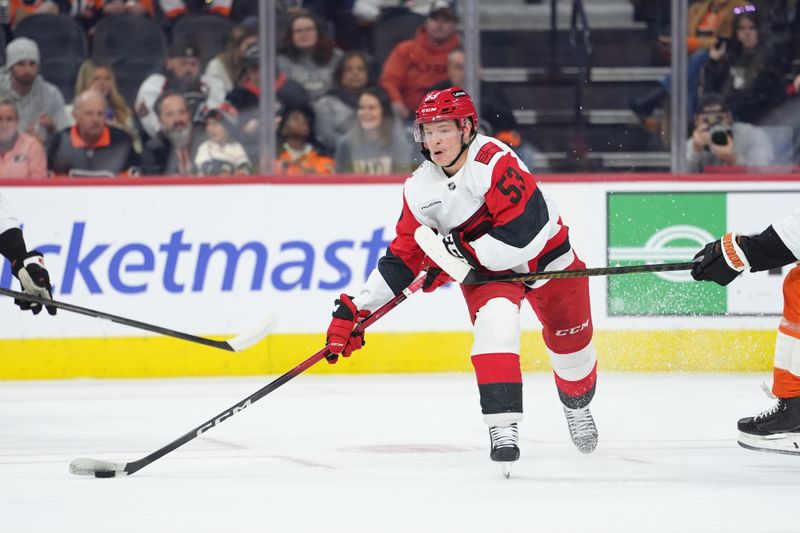 Dec 13, 2025; Philadelphia, Pennsylvania, USA; Carolina Hurricanes right wing Jackson Blake (53) controls the puck against the Philadelphia Flyers in the first period at Xfinity Mobile Arena. Mandatory Credit: Kyle Ross-Imagn Images