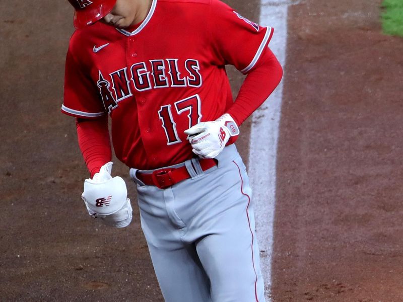 Aug 13, 2023; Houston, Texas, USA; Los Angeles Angels designated hitter Shohei Ohtani (17) crosses home plate after hitting a home run to center field against the Houston Astros during the sixth inning at Minute Maid Park. Mandatory Credit: Erik Williams-USA TODAY Sports