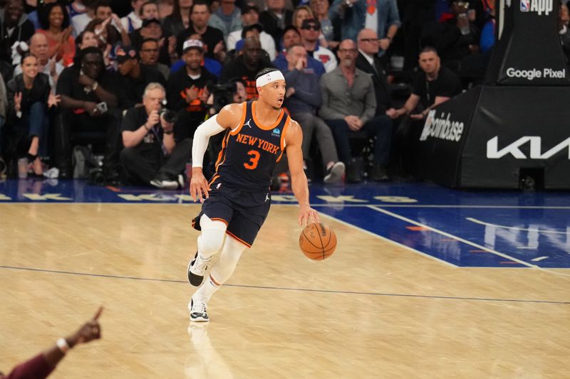 NEW YORK, NY - APRIL 22:  Josh Hart #3 of the New York Knicks dribbles the ball during the game against the Philadelphia 76ers during Round 1 Game 2 of the 2024 NBA Playoffs on April 22, 2024 at Madison Square Garden in New York City, New York.  NOTE TO USER: User expressly acknowledges and agrees that, by downloading and or using this photograph, User is consenting to the terms and conditions of the Getty Images License Agreement. Mandatory Copyright Notice: Copyright 2024 NBAE  (Photo by Jesse D. Garrabrant/NBAE via Getty Images)