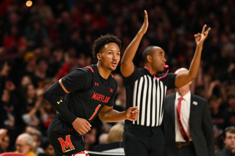 Jan 25, 2023; College Park, Maryland, USA;  Maryland Terrapins guard Jahmir Young (1) reacts after making a three point shot during the second half against the Wisconsin Badgers at Xfinity Center. Mandatory Credit: Tommy Gilligan-USA TODAY Sports