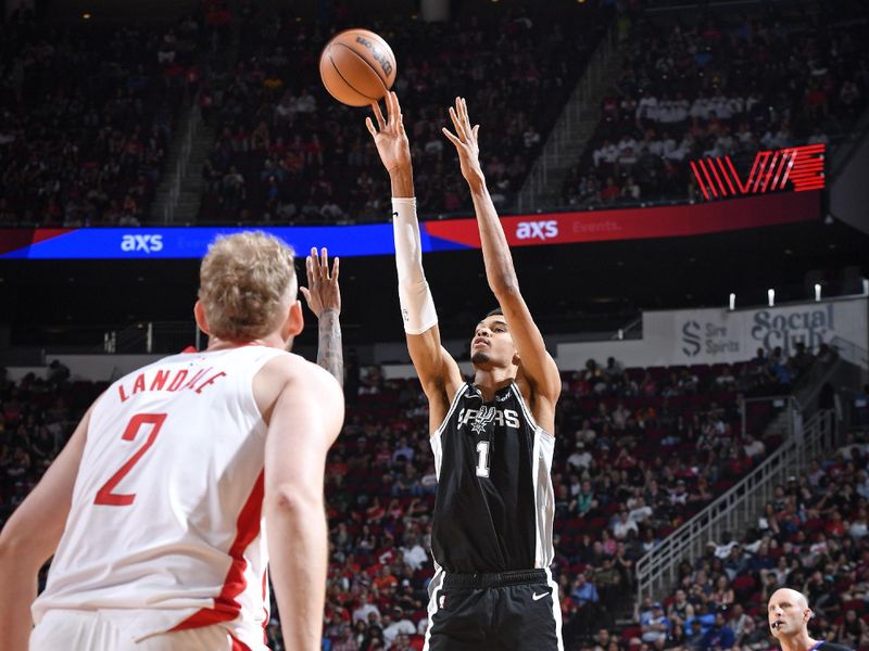 HOUSTON, TX - MARCH 5:  Victor Wembanyama #1 of the San Antonio Spurs shoots the ball during the game against the Houston Rockets on March 5, 2024 at the Toyota Center in Houston, Texas. NOTE TO USER: User expressly acknowledges and agrees that, by downloading and or using this photograph, User is consenting to the terms and conditions of the Getty Images License Agreement. Mandatory Copyright Notice: Copyright 2024 NBAE (Photo by Logan Riely/NBAE via Getty Images)