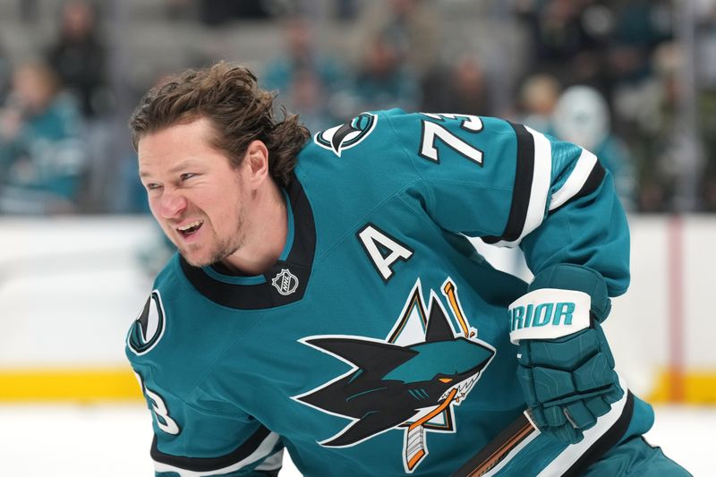 Nov 8, 2025; San Jose, California, USA; San Jose Sharks center Tyler Toffoli (73) warms up before the game against the Florida Panthers at SAP Center at San Jose. Mandatory Credit: Darren Yamashita-Imagn Images
