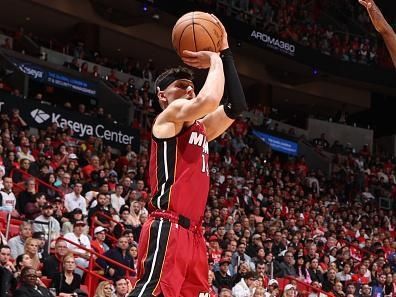 MIAMI, FL - DECEMBER 25:  Tyler Herro #14 of the Miami Heat shoots the ball during the game against the Philadelphia 76ers on December 25, 2023 at Kaseya Center in Miami, Florida. NOTE TO USER: User expressly acknowledges and agrees that, by downloading and or using this Photograph, user is consenting to the terms and conditions of the Getty Images License Agreement. Mandatory Copyright Notice: Copyright 2023 NBAE (Photo by David Sherman/NBAE via Getty Images)