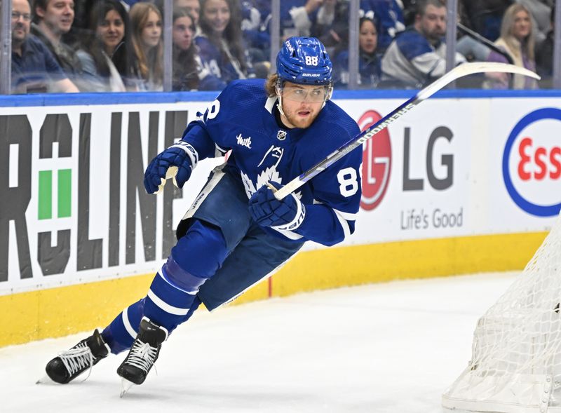 Jan 3, 2023; Toronto, Ontario, CAN; Toronto Maple Leafs forward William Nylander (88) pursues the play against the St. Louis Blues in the first period at Scotiabank Arena. Mandatory Credit: Dan Hamilton-USA TODAY Sports