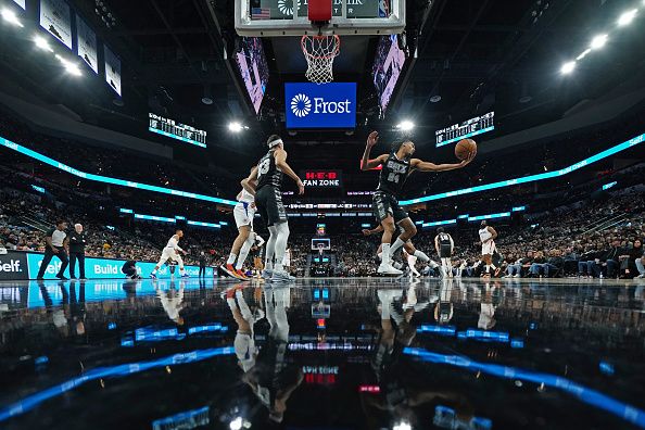 SAN ANTONIO, TX - NOVEMBER 22: Devin Vassell #24 of the San Antonio Spurs grabs the rebound during the game against the LA Clippers on November 22, 2023 at the Frost Bank Center in San Antonio, Texas. NOTE TO USER: User expressly acknowledges and agrees that, by downloading and or using this photograph, user is consenting to the terms and conditions of the Getty Images License Agreement. Mandatory Copyright Notice: Copyright 2023 NBAE (Photos by Darren Carroll/NBAE via Getty Images)