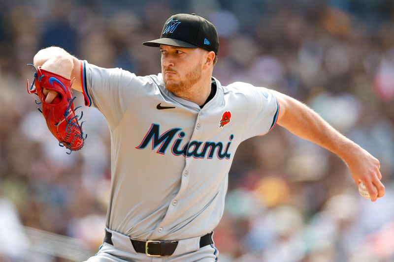 May 27, 2024; San Diego, California, USA; Miami Marlins starting pitcher Trevor Rogers (28) throws a pitch during the first inning against the San Diego Padres at Petco Park. Mandatory Credit: David Frerker-USA TODAY Sports