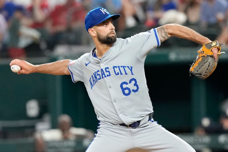 Jun 21, 2024; Arlington, Texas, USA; Kansas City Royals relief pitcher Nick Anderson (63) delivers a pitch to the Texas Rangers during the eighth inning at Globe Life Field. Mandatory Credit: Jim Cowsert-USA TODAY Sports