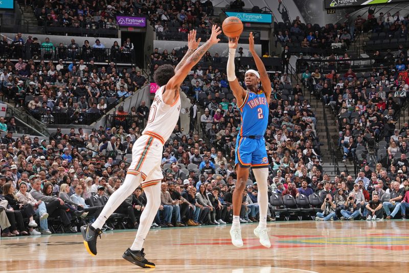 SAN ANTONIO, TX - JANUARY 24: Shai Gilgeous-Alexander #2 of the Oklahoma City Thunder shoots the ball during the game against the San Antonio Spurs on January 24, 2023 at the Frost Bank Center in San Antonio, Texas. NOTE TO USER: User expressly acknowledges and agrees that, by downloading and or using this photograph, user is consenting to the terms and conditions of the Getty Images License Agreement. Mandatory Copyright Notice: Copyright 2024 NBAE (Photos by Jesse D. Garrabrant/NBAE via Getty Images)